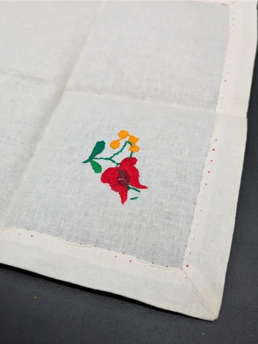 Vintage Linen Tea Napkins Embroidered Floral on White Red Trim Set of 4